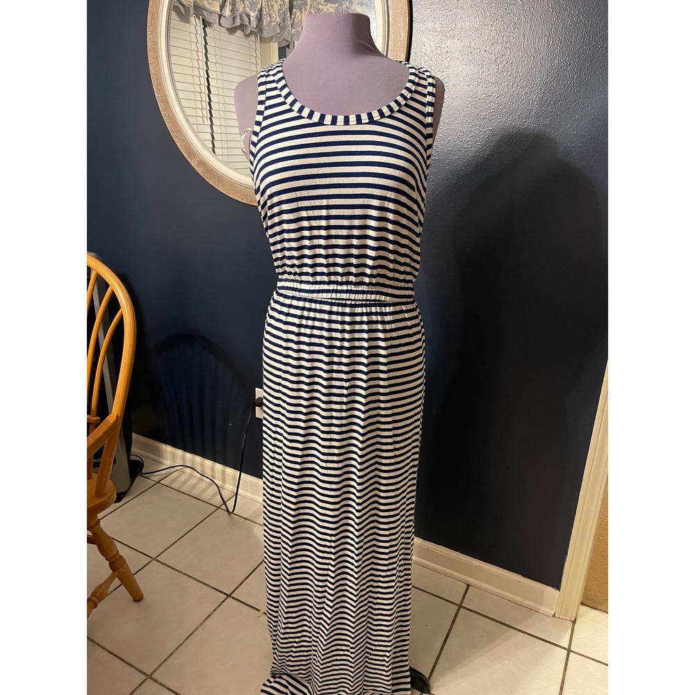 J Crew Striped Maxi Dress Razor back Elastic Waist Blue White  side slit Size L
